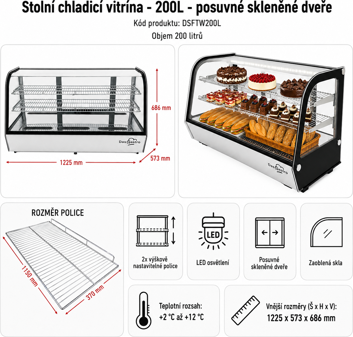 Stolní chladicí vitrína - 200L - stříbrná