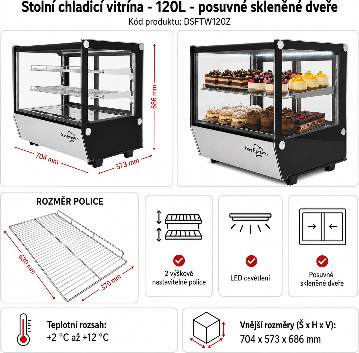 Stolní chladicí vitrína - 120L - stříbrná