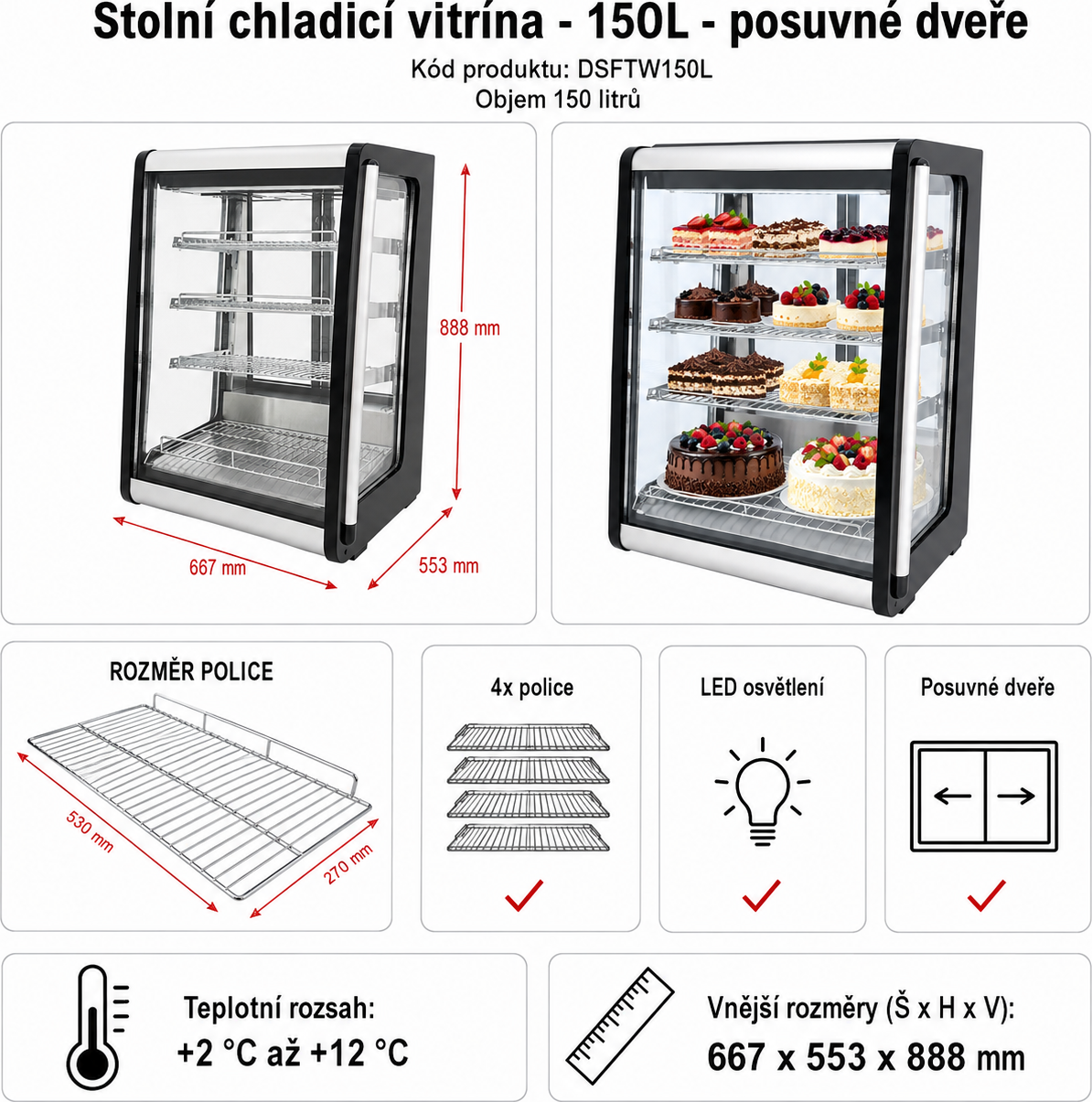 Stolní chladicí vitrína - 150L - stříbrná
