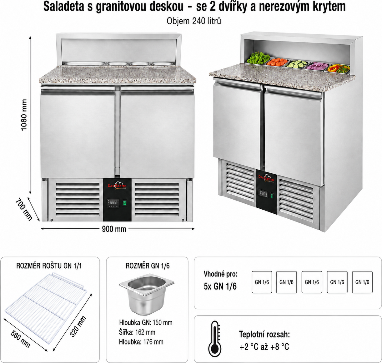 Chladící stůl se saladetou a granitovou deskou - 0,9 x 0,7 m - se 2 dvířky