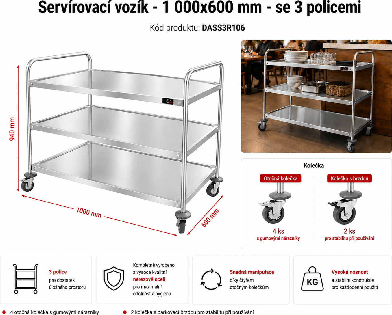 Servírovací vozík se 3 policemi - 1,0 x 0,6 m