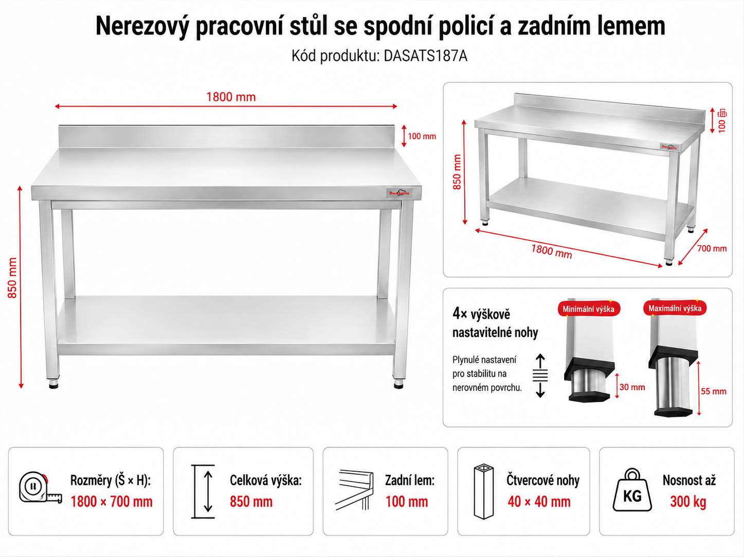 Nerezový pracovní stůl se spodní policí a zadním lemem - 1,8 x 0,7 m