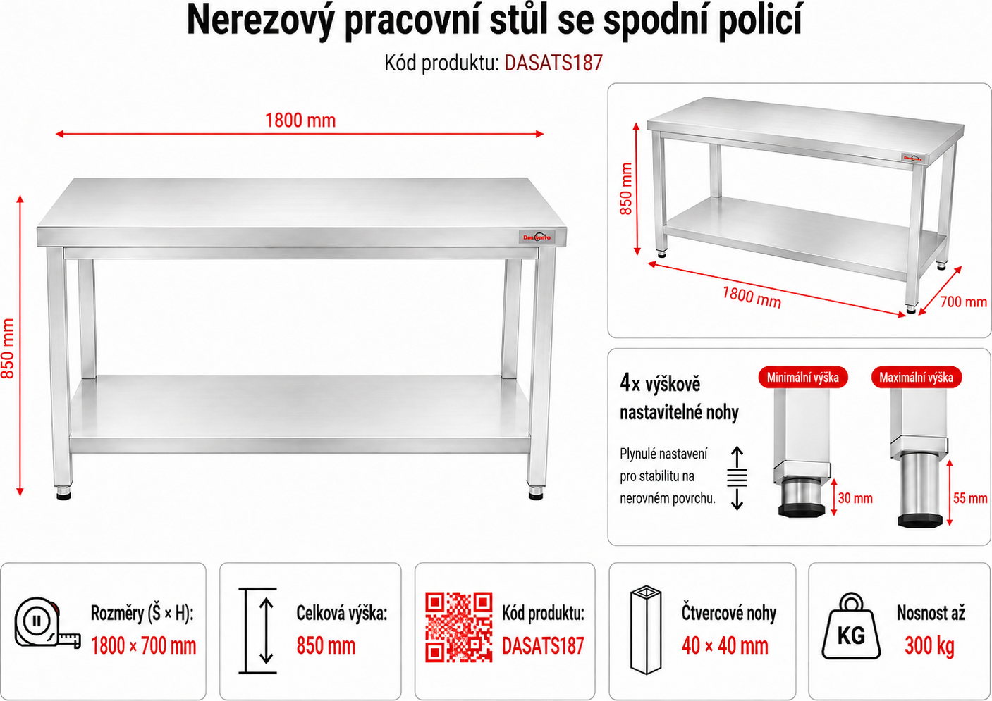 Nerezový pracovní stůl se spodní policí bez zadního lemu - 1,8 x 0,7 m