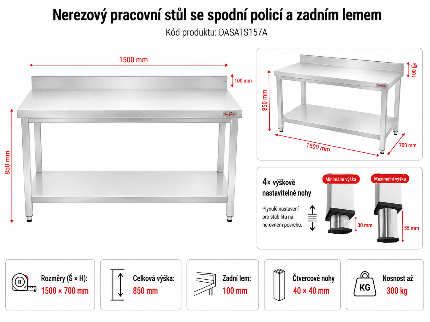 Nerezový pracovní stůl se spodní policí a zadním lemem - 1,5 x 0,7 m