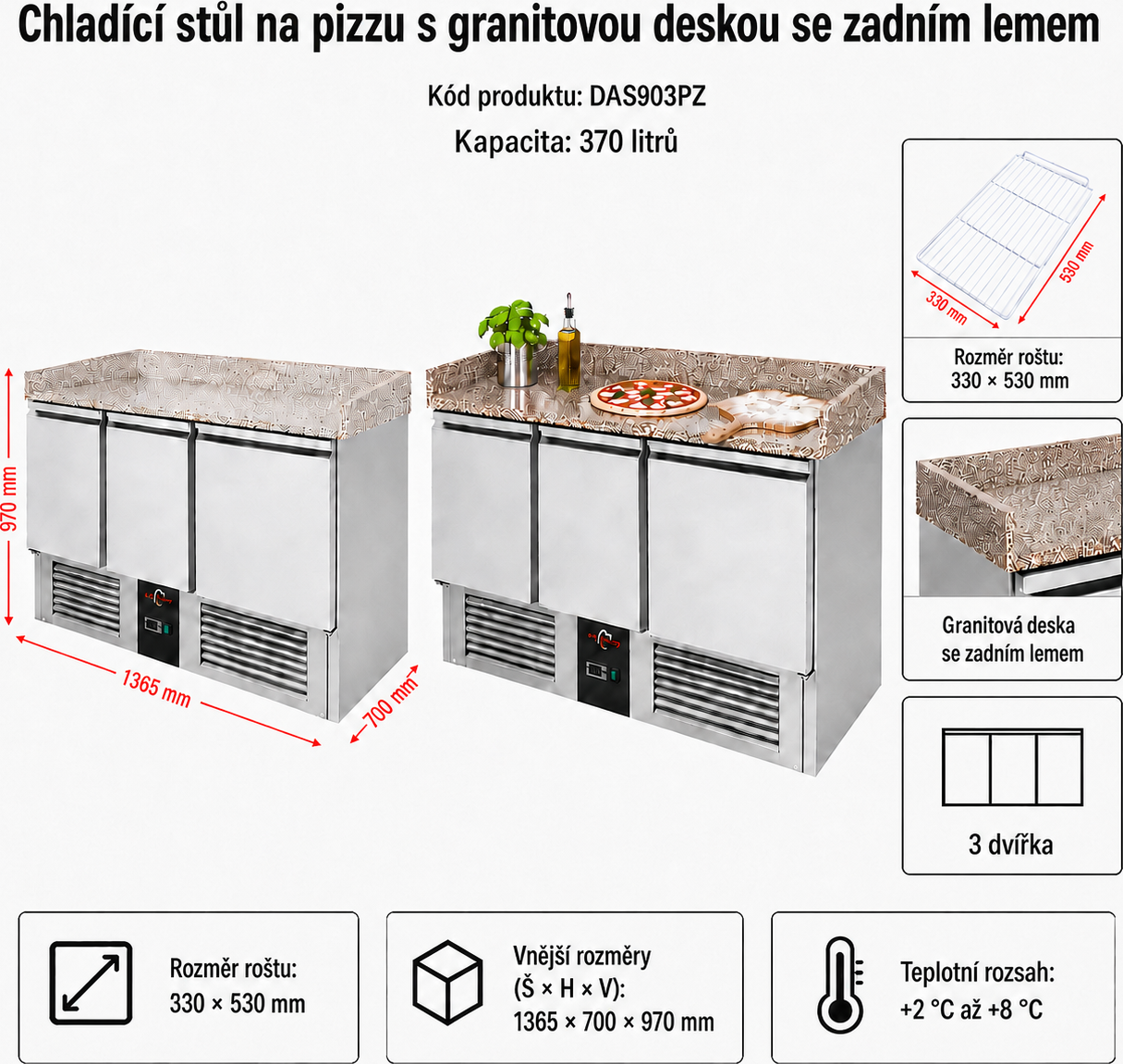 Chladící stůl na pizzu - 1,4 x 0,7 m - se 3 dvířky
