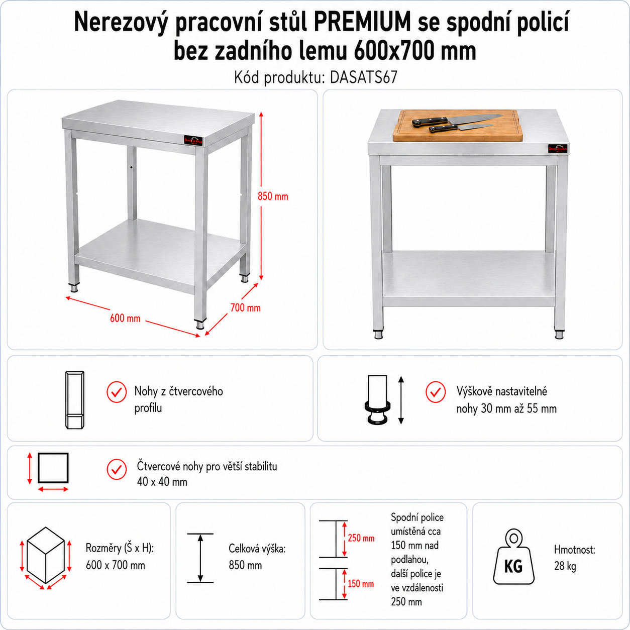 Nerezový pracovní stůl se spodní policí bez zadního lemu - 0,6 x 0,7 m