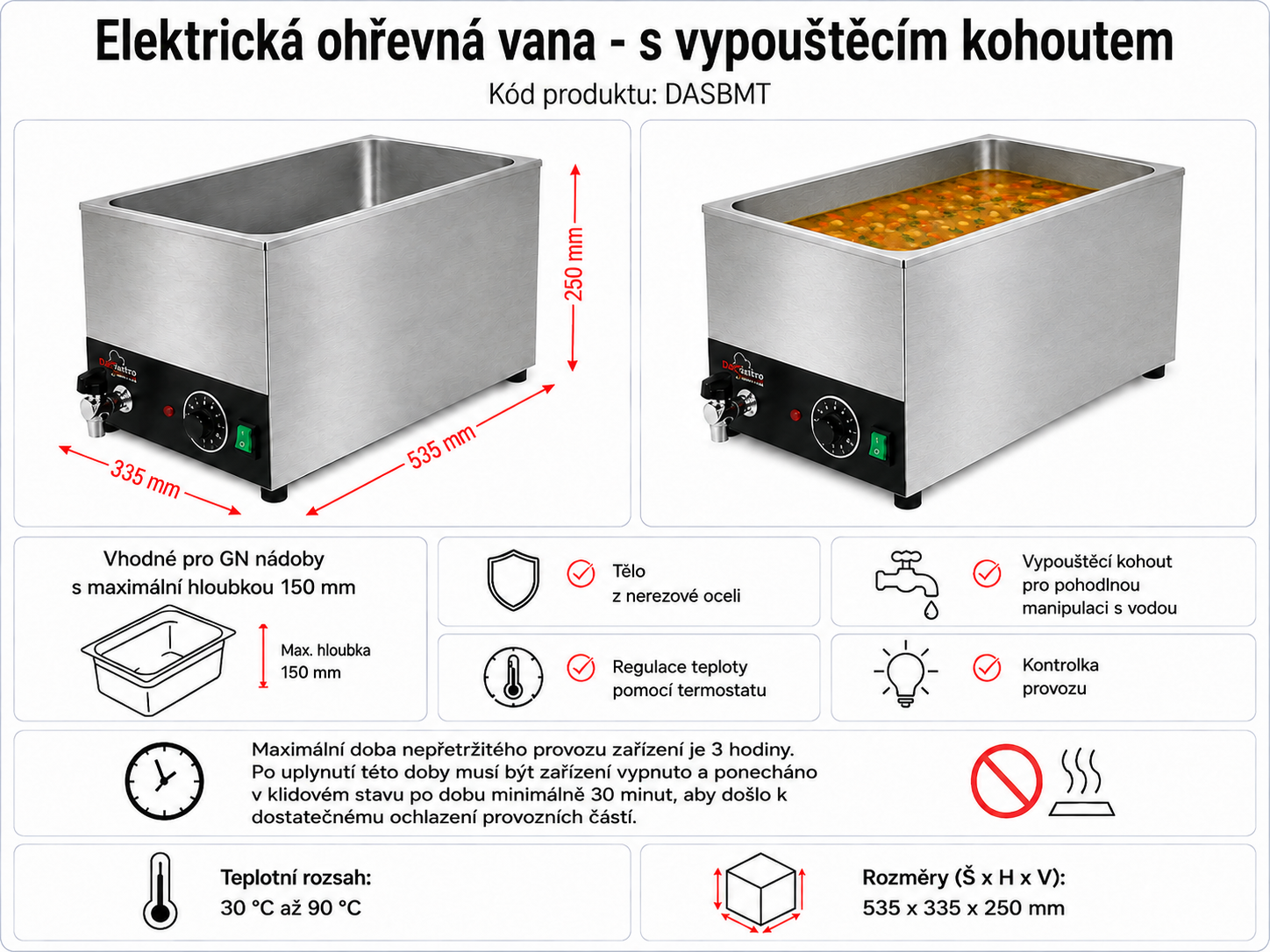 Elektrická ohřevná vana - s vypouštěcím kohoutem