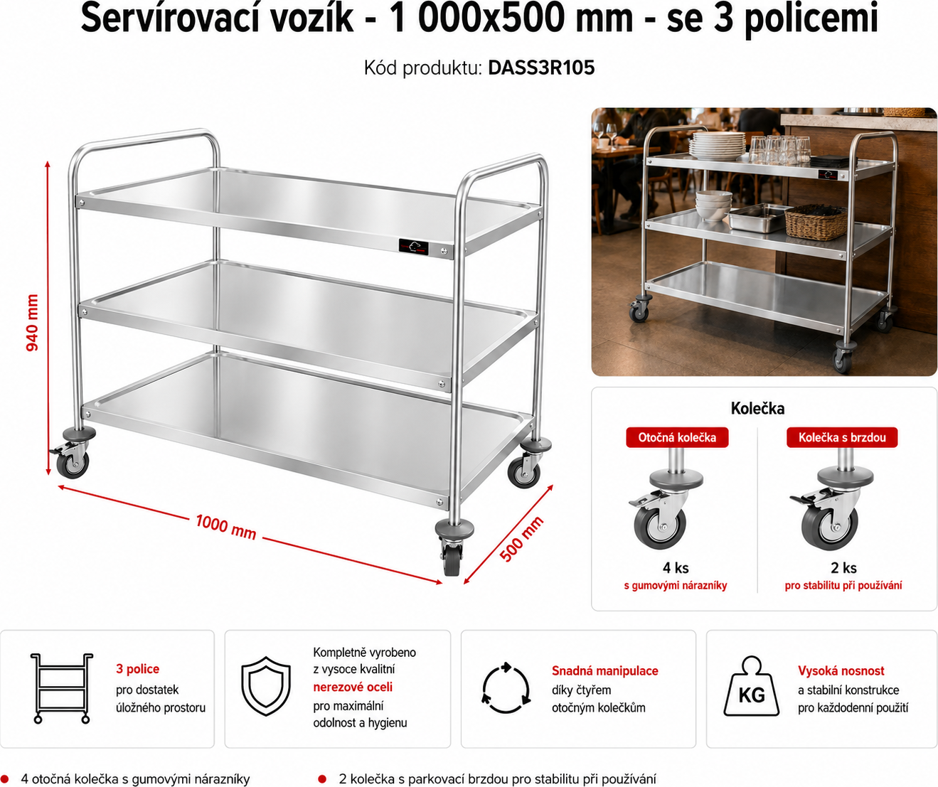 Servírovací vozík se 3 policemi - 1,0 x 0,5 m