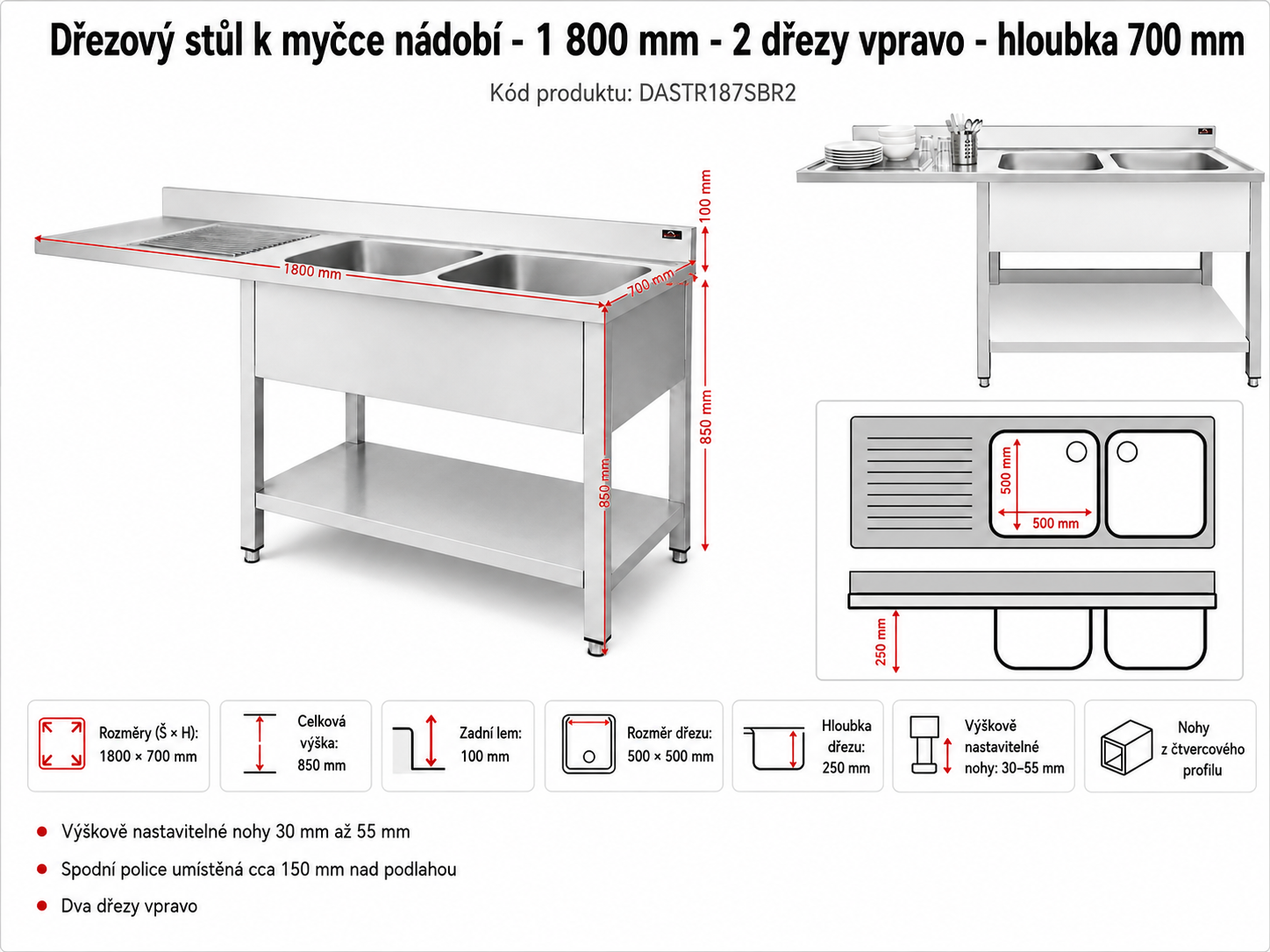Nerezový dřez k myčce nádobí - 1,8 m, 2 umyvadla vpravo, hloubka 70 cm