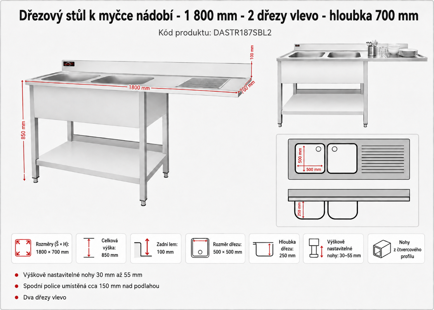 Nerezový dřez k myčce nádobí - 1,8 m, 2 umyvadla vlevo, hloubka 70 cm