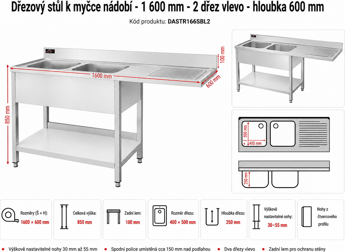 Nerezový dřez k myčce nádobí - 1,6 m, 2 umyvadla vlevo, hloubka 60 cm