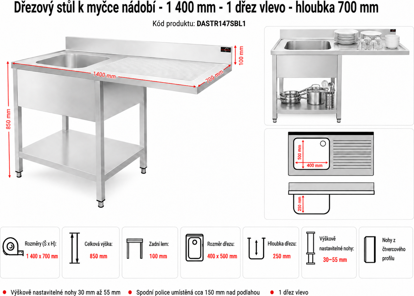 Nerezový dřez k myčce nádobí - 1,4 m, 1 umyvadlo vlevo, hloubka 70 cm