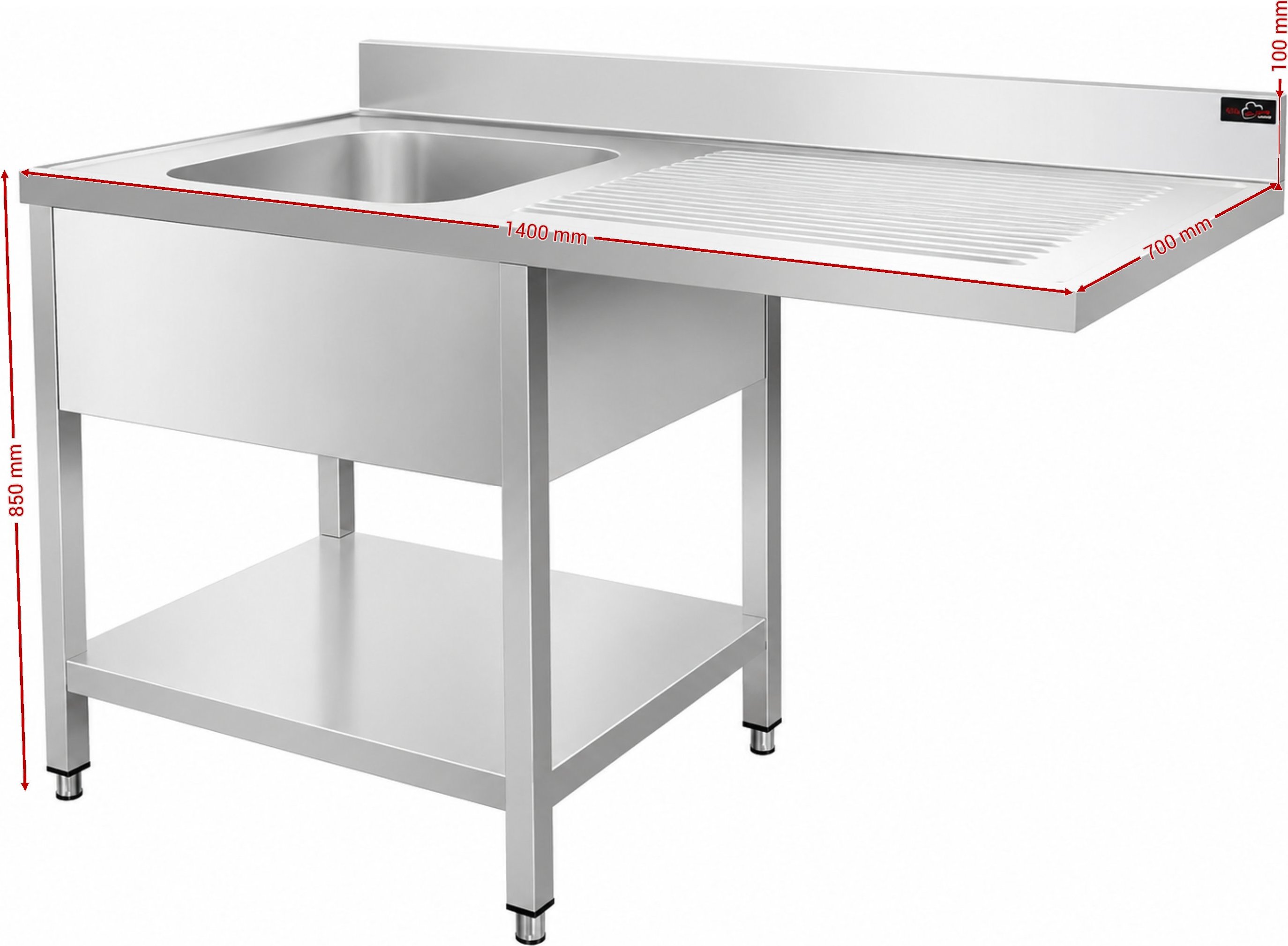 Nerezový dřez k myčce nádobí - 1,4 m, 1 umyvadlo vlevo, hloubka 70 cm