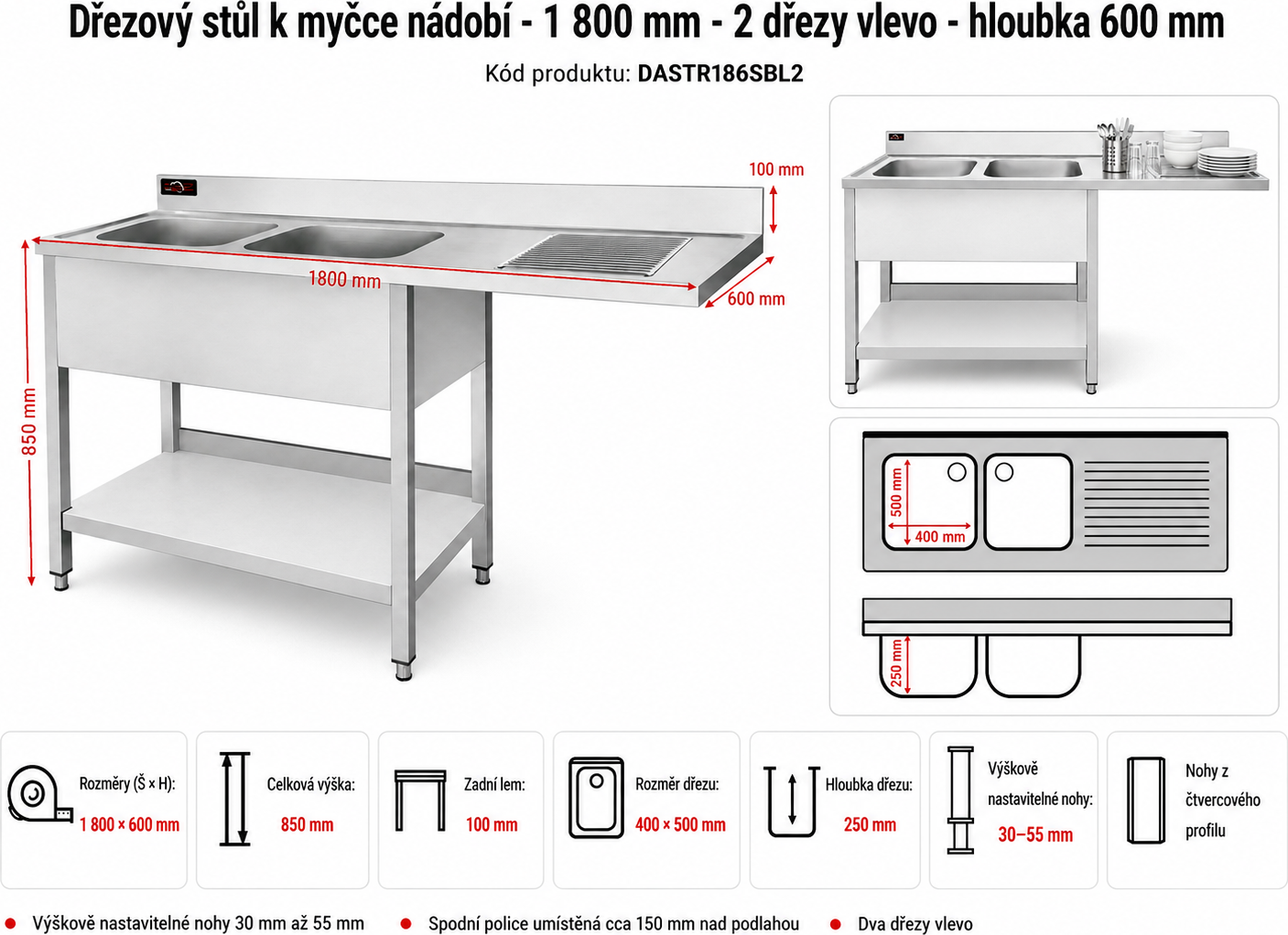 Nerezový dřez k myčce nádobí - 1,8 m, 2 umyvadla vlevo, hloubka 60 cm