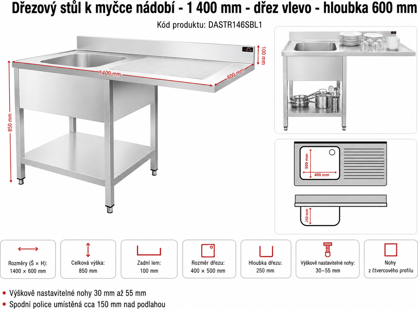 Nerezový dřez k myčce nádobí - 1,4 m, 1 umyvadlo vlevo, hloubka 60 cm Otvor pro baterii: 1️⃣ 32mm vlevo 🔴🔧🔨