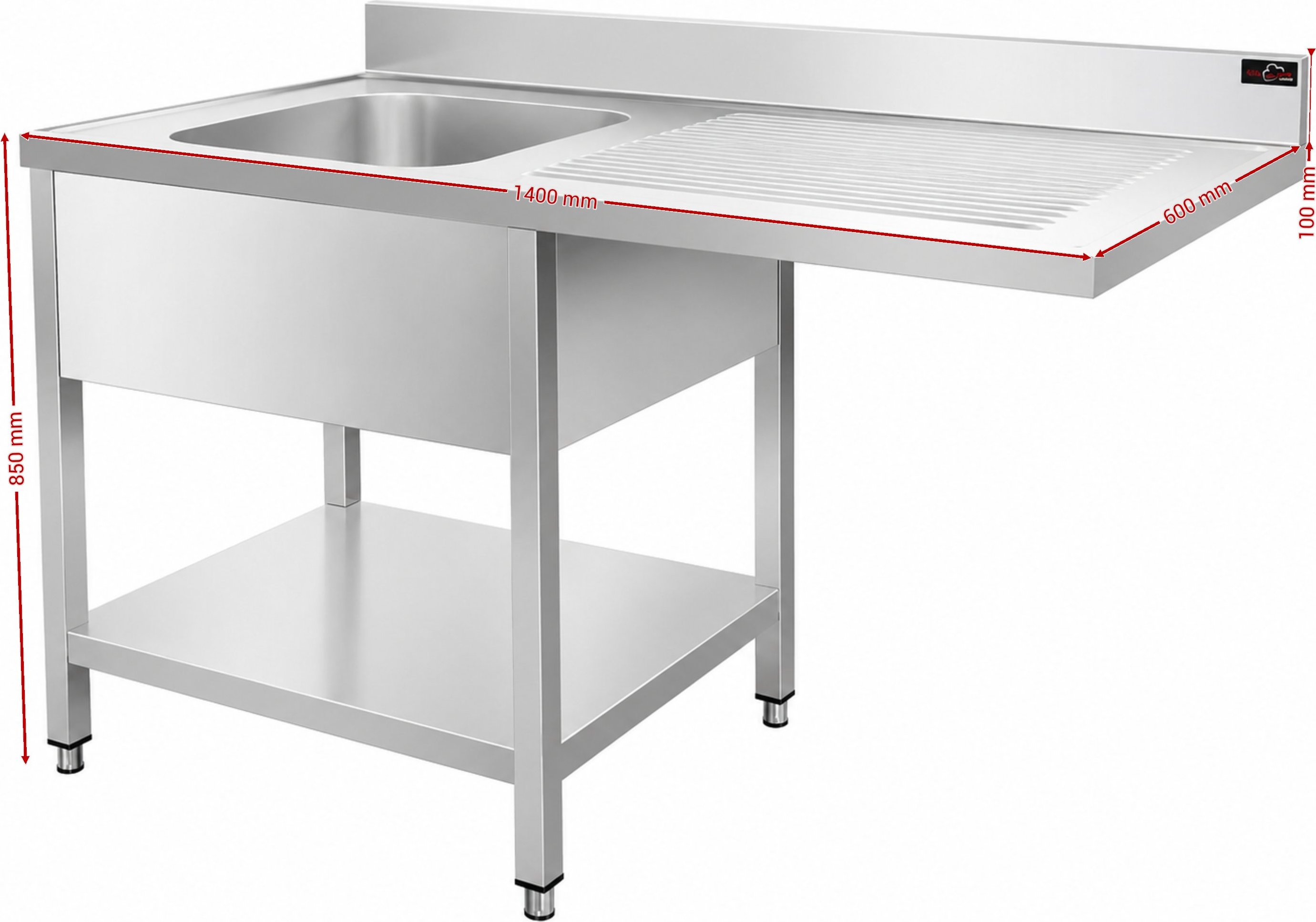 Nerezový dřez k myčce nádobí - 1,4 m, 1 umyvadlo vlevo, hloubka 60 cm Otvor pro baterii: 1️⃣ 32mm vlevo 🔴🔧🔨