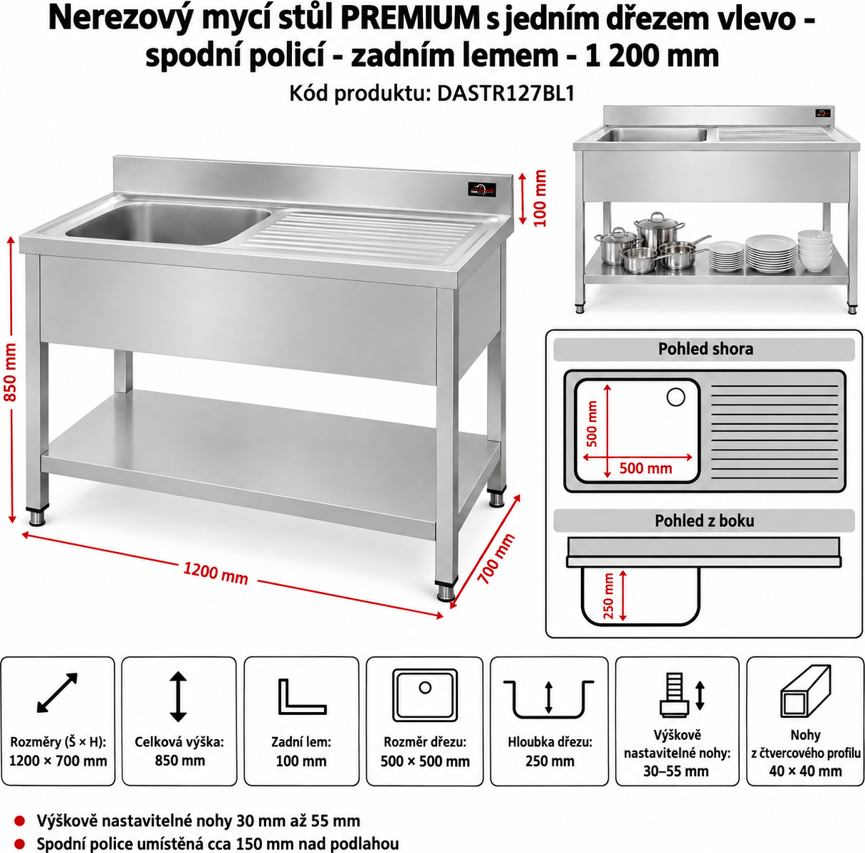 Nerezový dřez k myčce nádobí - 1,2 m, 2 umyvadla vlevo, hloubka 70 cm