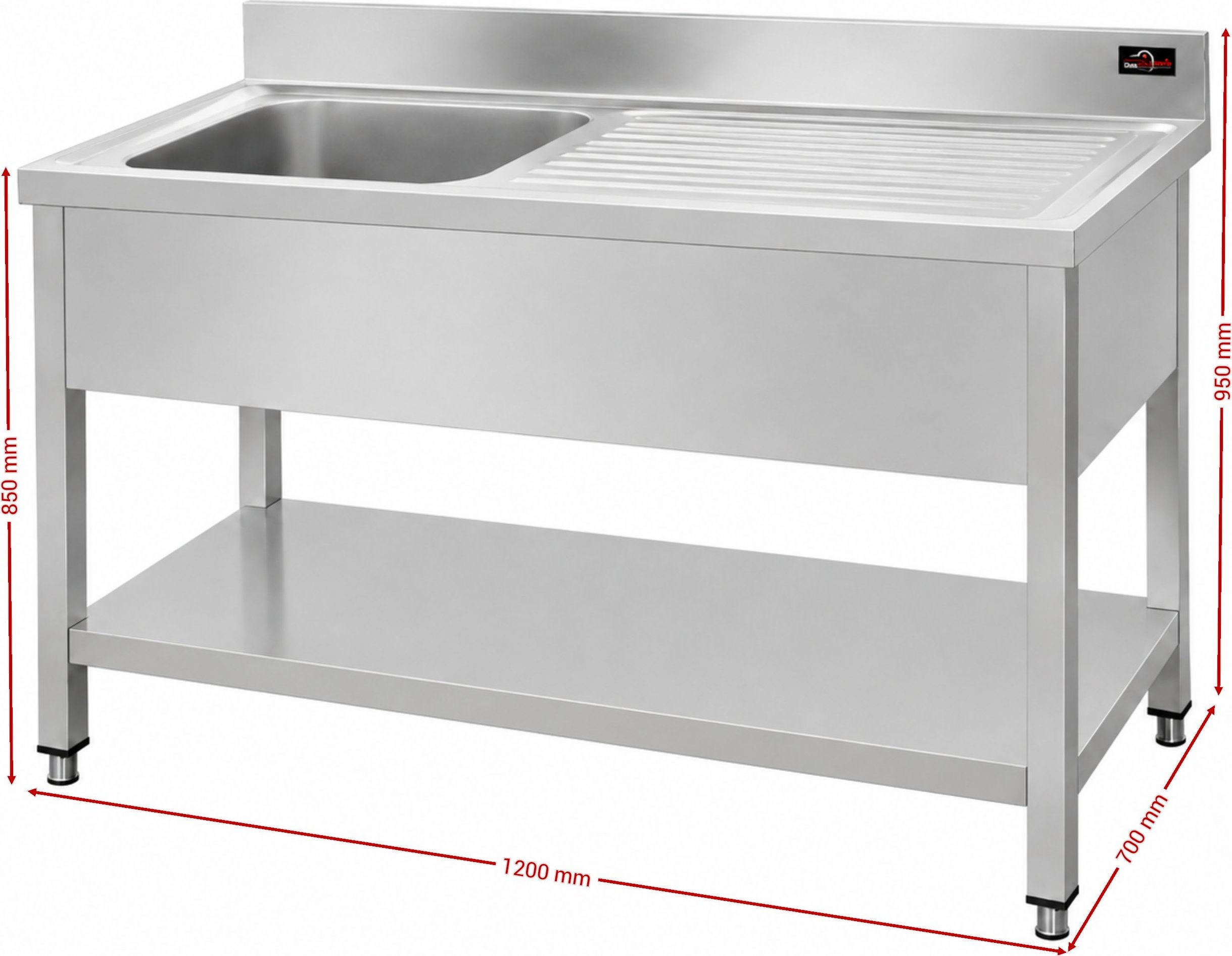 Nerezový dřez k myčce nádobí - 1,2 m, 2 umyvadla vlevo, hloubka 70 cm