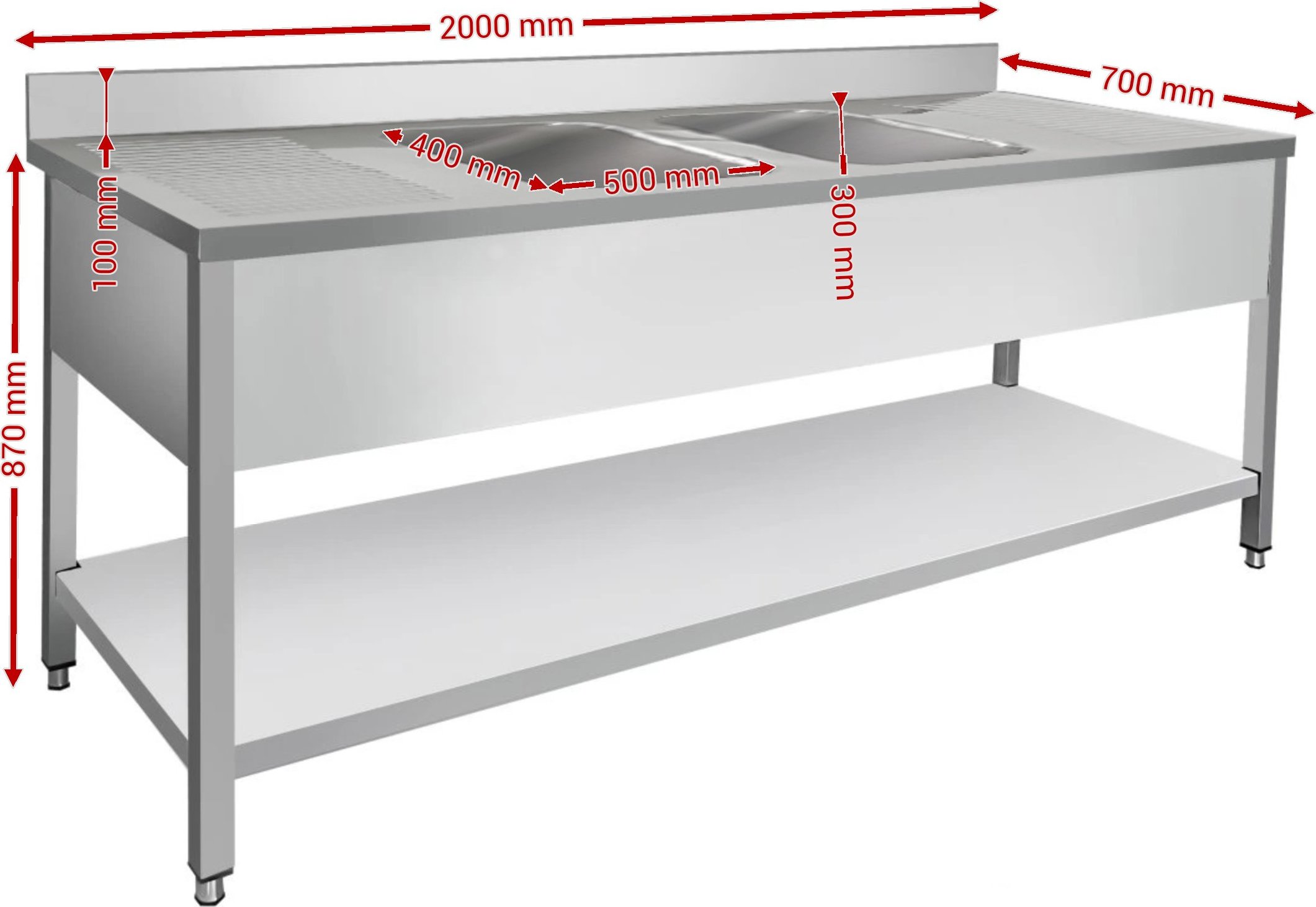 Dřez nerezový s policí 2,0 m, 2 umyvadla uprostřed, hloubka 70 cm Otvor pro baterii: 1 3/4"(27 mm) vlevo