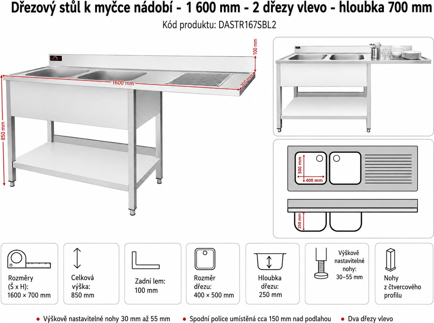 Nerezový dřez k myčce nádobí - 1,6 m, 2 umyvadla vlevo, hloubka 70 cm
