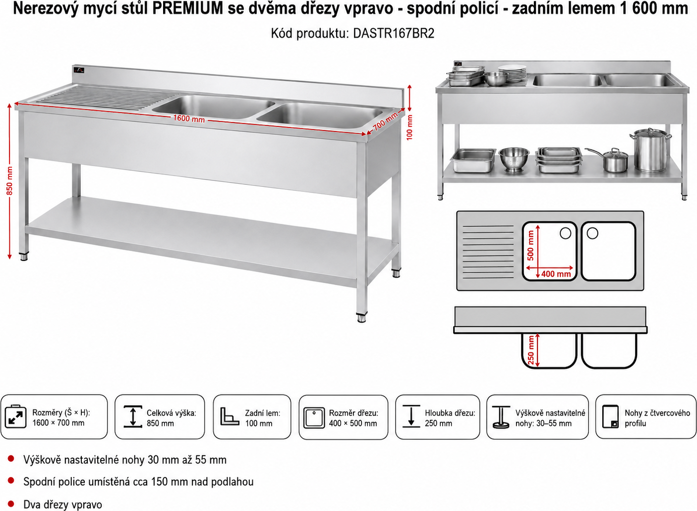 Nerezový dřez se spodní policí 1,6 m, 2 umyvadla vpravo, hloubka 70 cm
