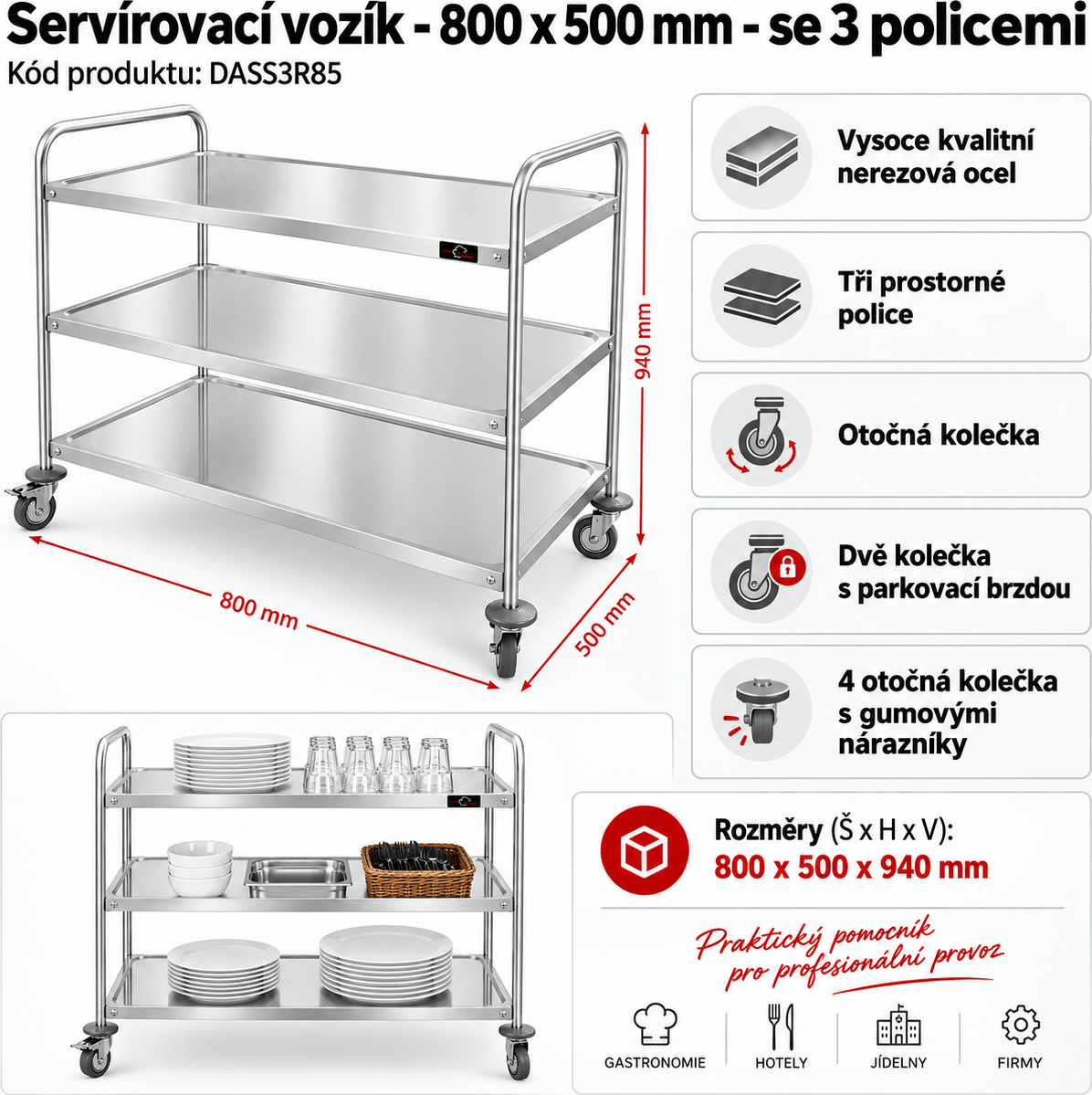 Servírovací vozík se 3 policemi - 0,8 x 0,5 m