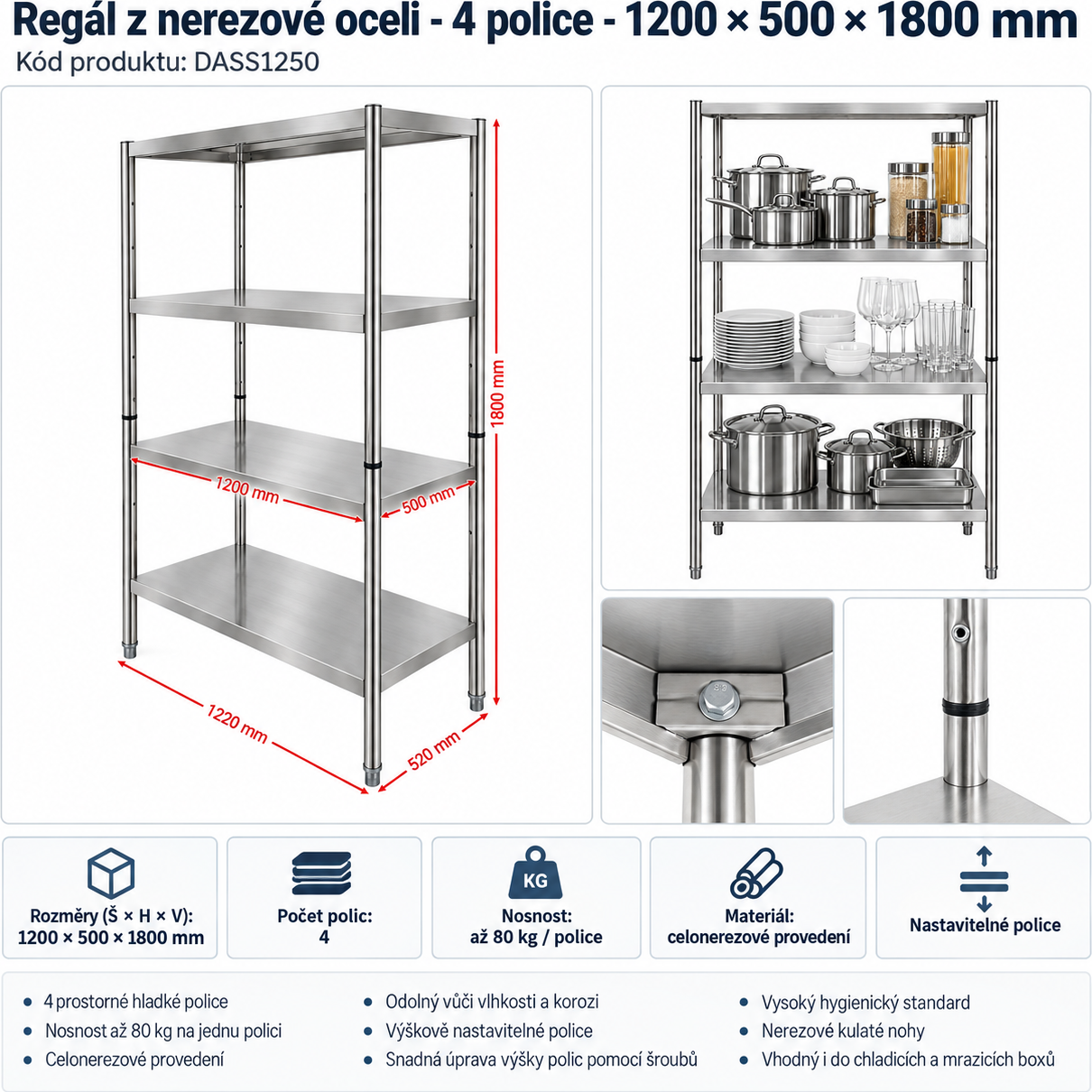 Regál z nerezové oceli - 1200 x 500 x 1800 mm