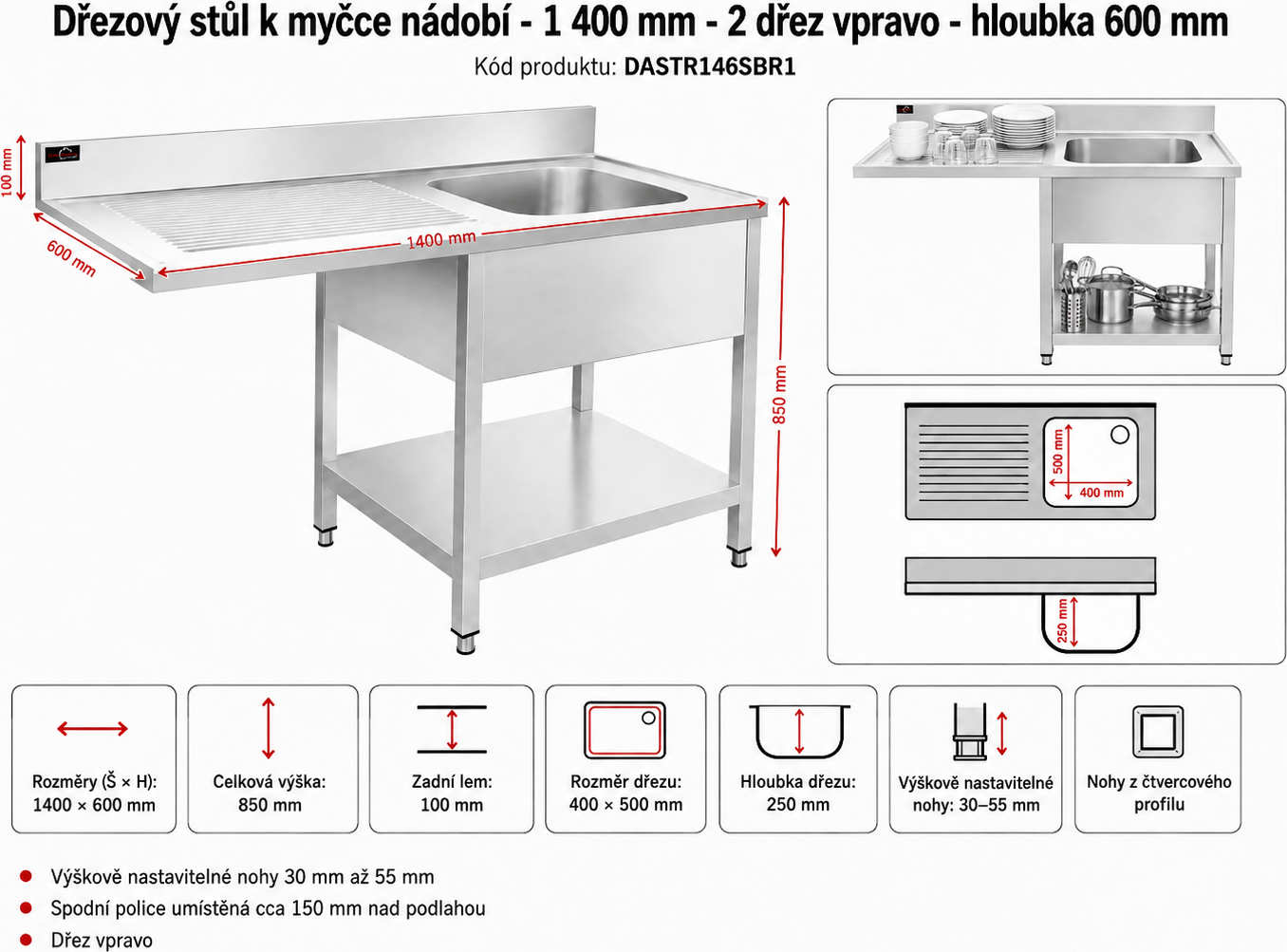 Nerezový dřez k myčce nádobí - 1,0 m, 1 dřez vpravo, hloubka 70 cm