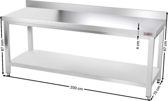 Nerezový pracovní stůl se spodní policí, trnoží a zadním lemem - 2000 x 700 x 870 mm