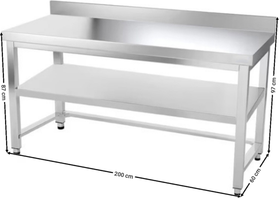 Nerezový pracovní stůl se spodní policí, trnoží a zadním lemem - 2000 x 600 x 870 mm