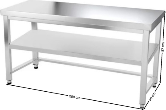 Nerezový pracovní stůl se spodní policí a trnoží bez zadního lemu - 2000 x 600 x 870 mm