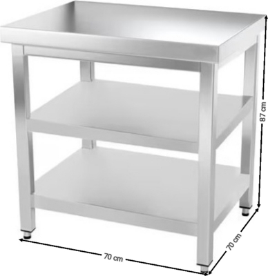 Nerezový pracovní stůl s dvěma policemi bez zadního lemu - 700 x 700 x 870 mm