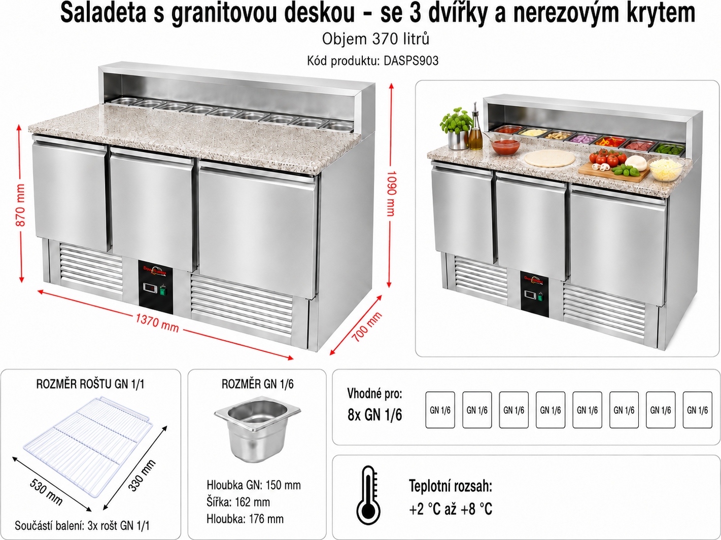 stůl chladící se saladetou - 1,37 x 0,7 m - se 3 dvířky