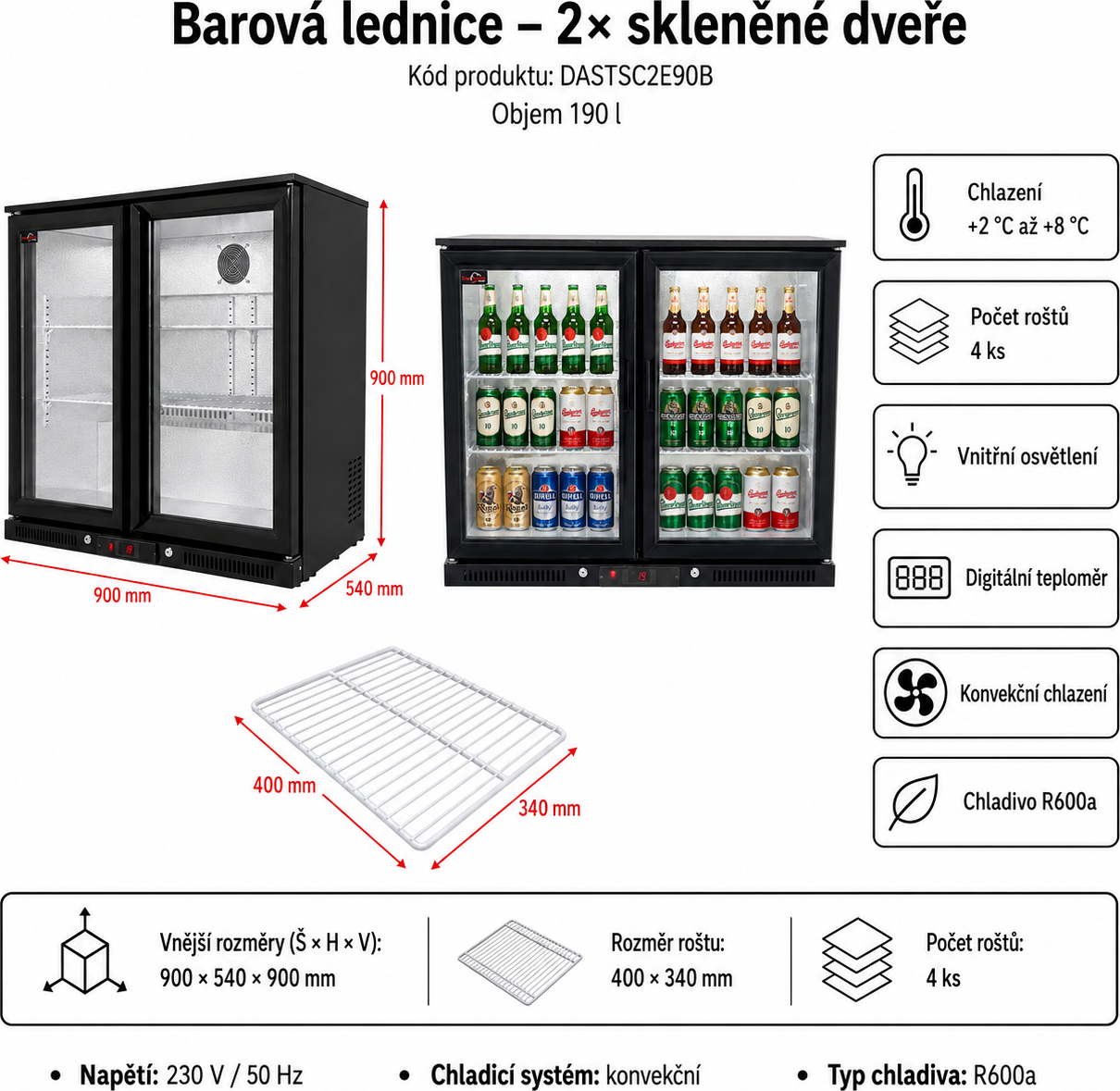 Barová lednička – 0,9 m – 190 l – se 2 skleněnými dvířky a 2 policemi – černá