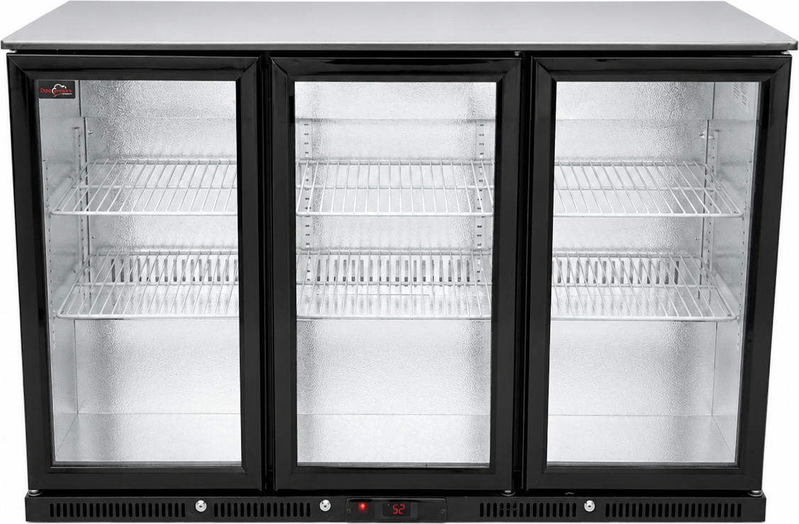 Barová lednice - 1350 x 540 x 900 mm, se 3 skleněnými dveřmi a 2 policemi - černá