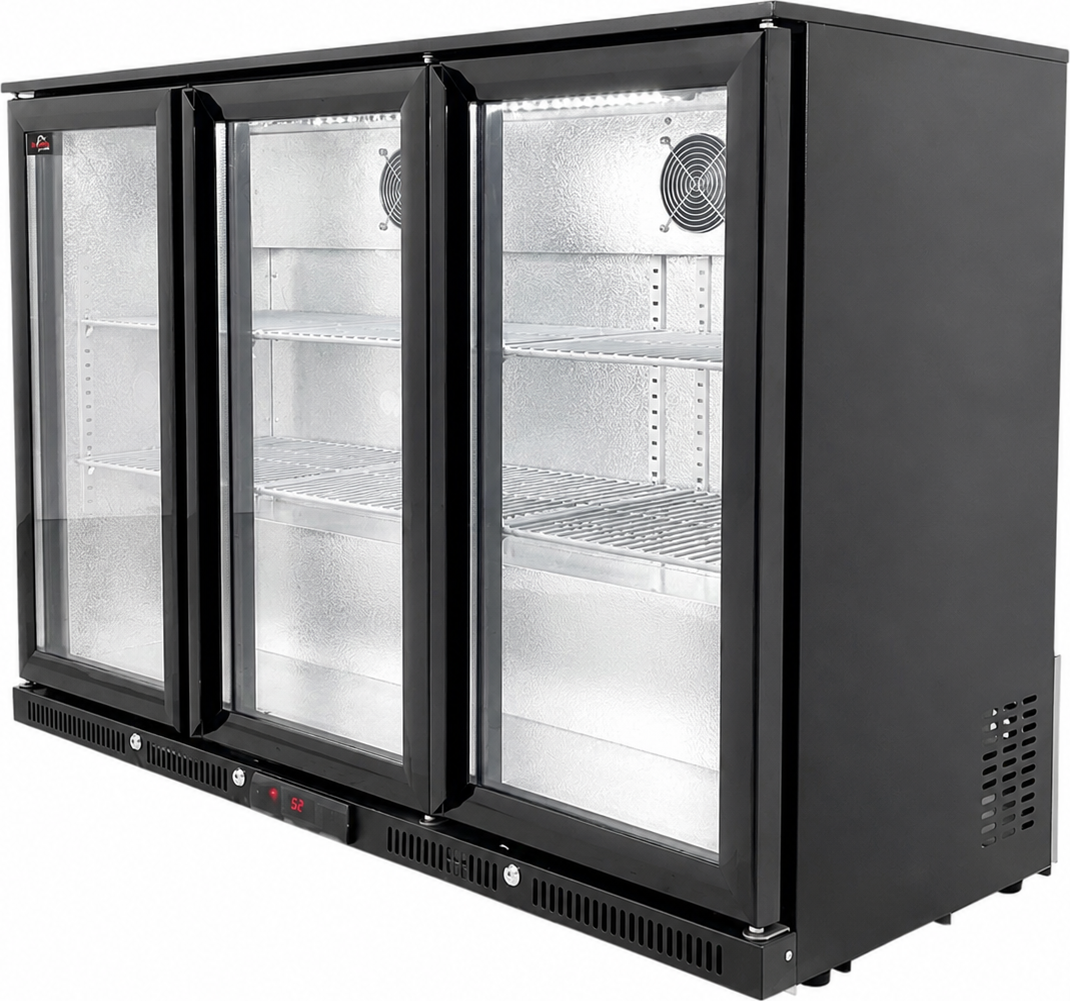 Barová lednice - 1350 x 540 x 900 mm, se 3 skleněnými dveřmi a 2 policemi - černá