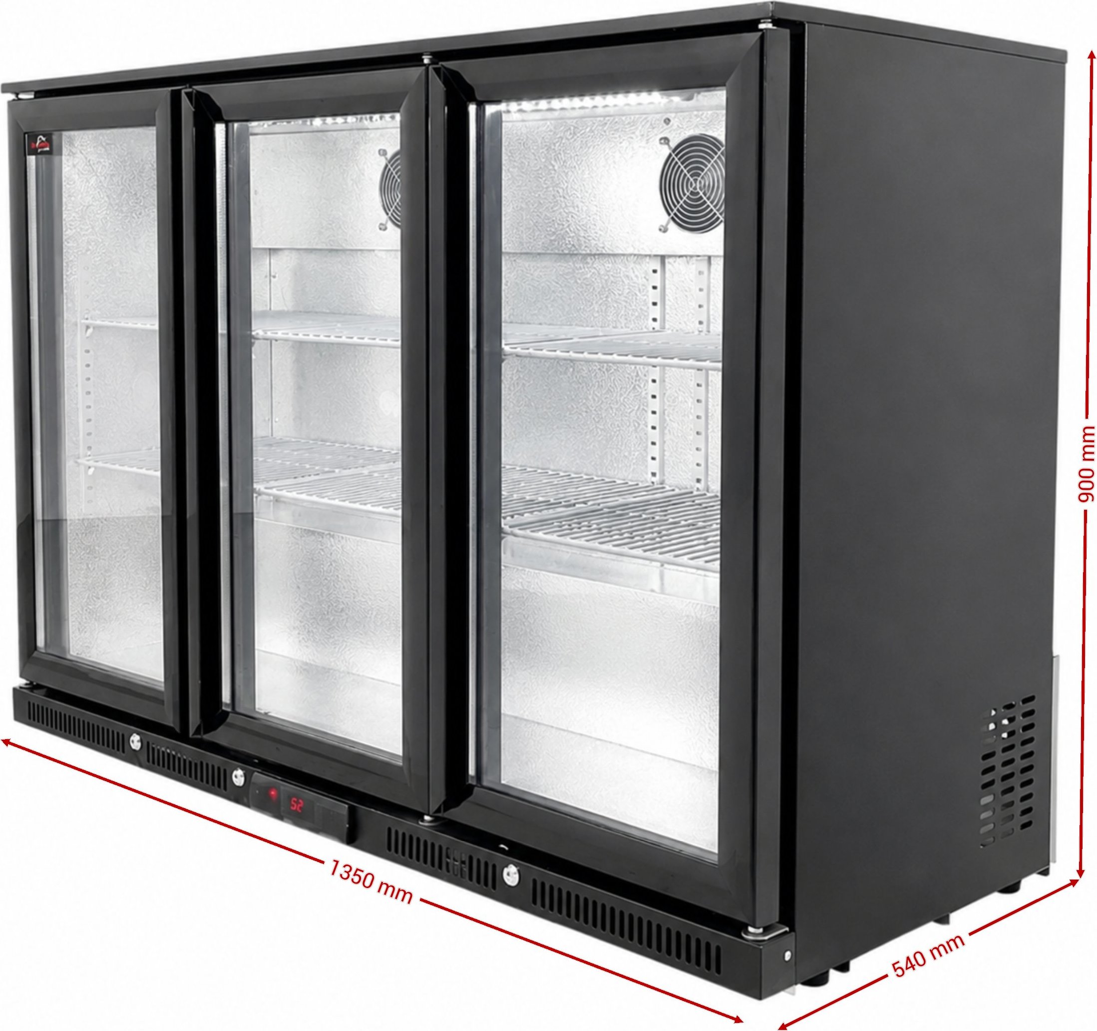 Barová lednice - 1350 x 540 x 900 mm, se 3 skleněnými dveřmi a 2 policemi - černá