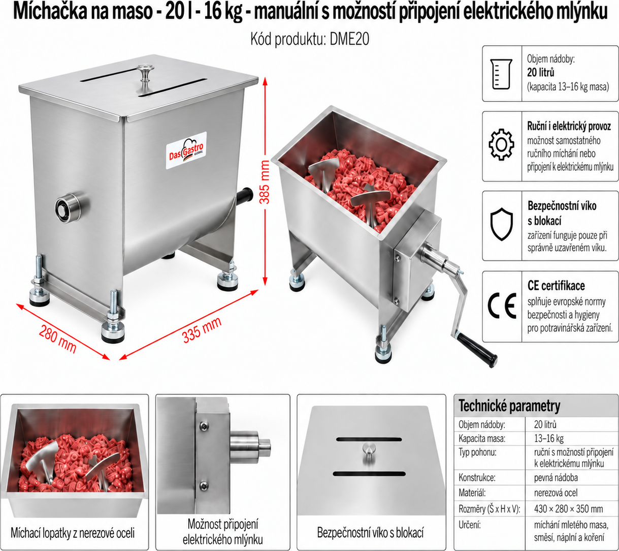 Míchačka na maso 20 l s možností připojení elektrického mlýnku