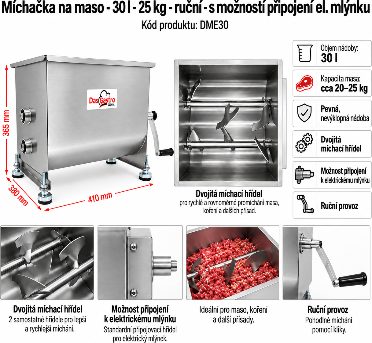 Míchačka na maso 30 l s možností připojení elektrického mlýnku