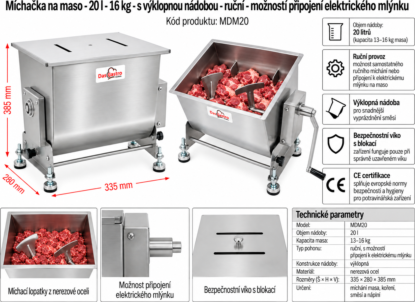 Elektrická míchačka na maso 20 l s výklopnou nádobou