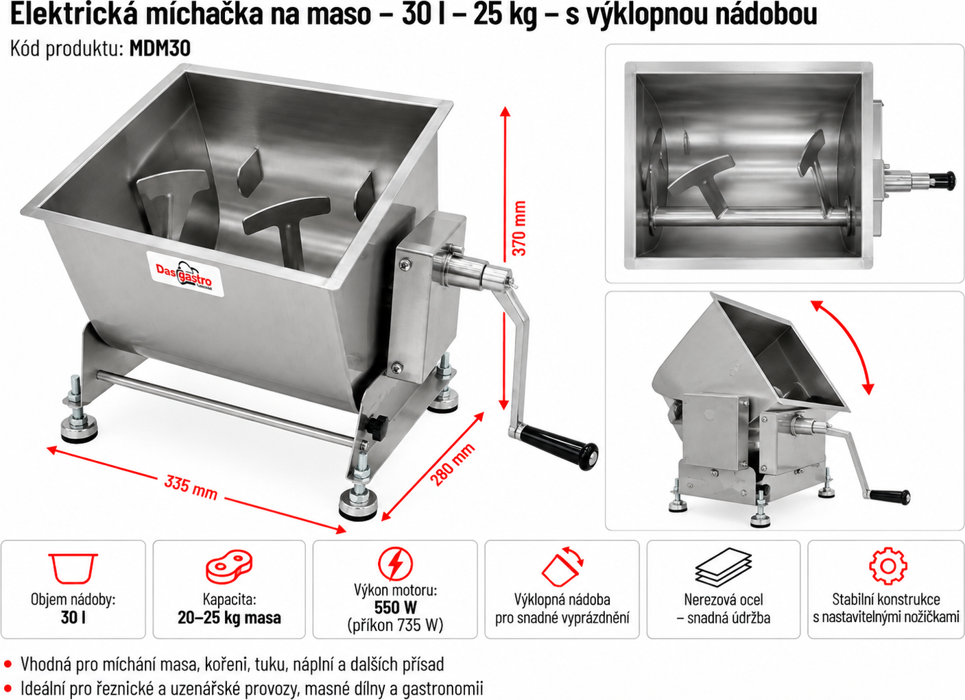 Elektrická míchačka na maso 30 l s výklopnou nádobou