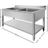 Stainless steel sink with 1.4 m shelf, 2 basins in the middle, depth 70 cm
