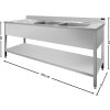 Stainless steel sink with lower shelf 2.0 m, 2 sinks on the right, depth 70 cm