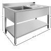PREMIUM stainless steel sink with one sink on the left, lower shelf and 1.2 m rear edge