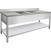 PREMIUM Stainless Steel Sink Table—with two sinks in the center—bottom shelf—2,000 mm rear trim