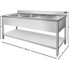 Stainless steel sink with lower shelf 1.6 m, 2 basins on the left, depth 70 cm