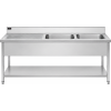 PREMIUM Stainless Steel Sink Table with Two Sinks on the Right—Bottom Shelf—Rear Flange 1,400 mm