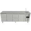 Refrigerated table with sink with 2 doors and 4 drawers alternately on the left