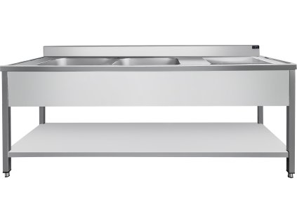 Stainless steel sink with lower shelf 1.4 m, 2 basins on the left, depth 70 cm