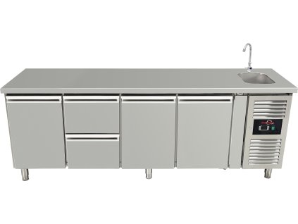 Freezer table with sink with 3 doors and 2 drawers middle left
